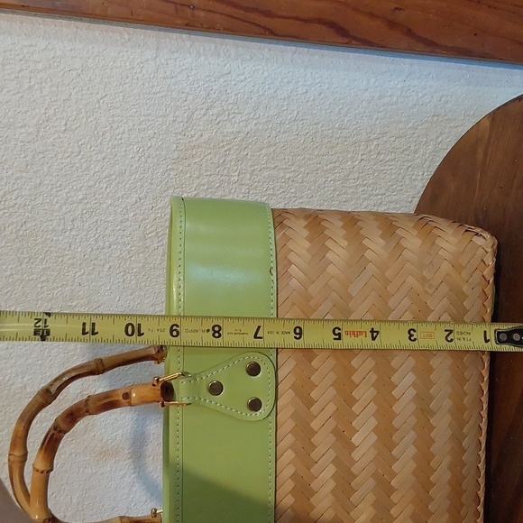 Green & Rattan Straw TOTE bag Bamboo Handles Polka-dot interior Medium Size - Picture 7 of 8